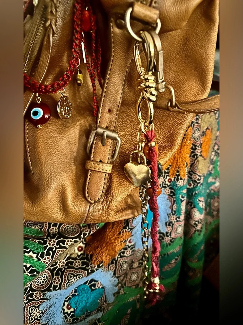 NWT Free People Semi Precious Charmed Strand Bag Charm Heart Lock Gold Red 12 in